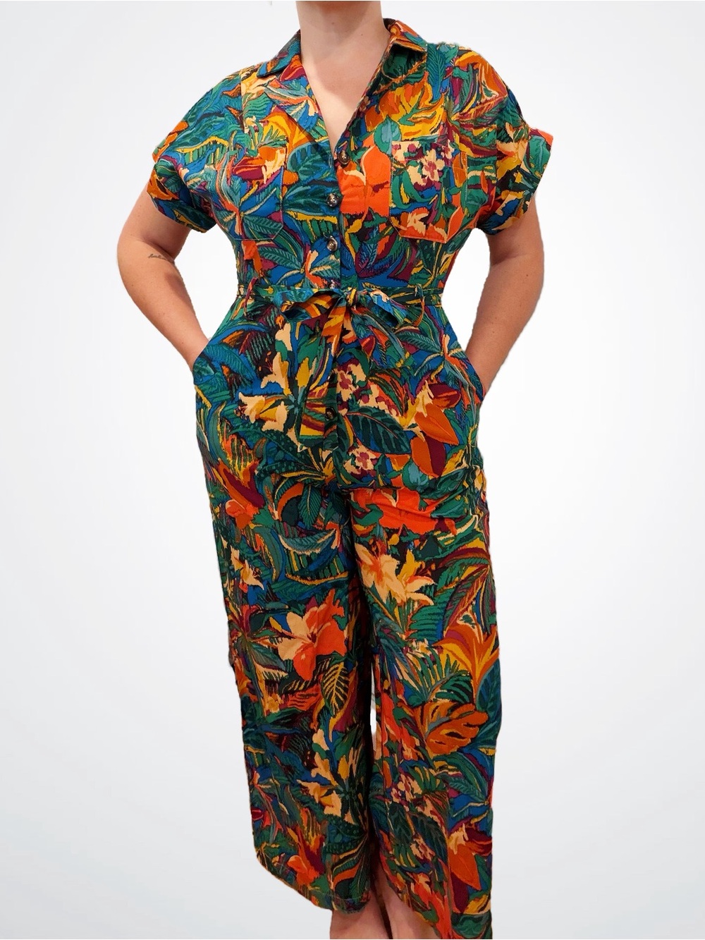 NWT Dress Forum Jebelle Tropical Print Buttondown Jumpsuit, Large